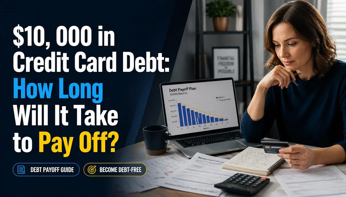 Bar chart showing payoff time for $10,000 at 22% APR: $200 a month takes about 11 years 5 months, $300 about 4 years 4 months, $400 about 2 years 10 months, and $500 about 2 years 2 months