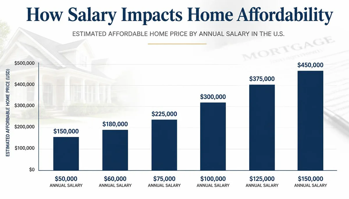 Bar chart comparing estimated affordable home price across six salary levels from $50,000 to $150,000