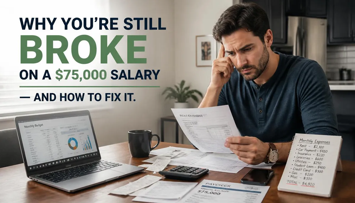 Bar chart comparing $6,250 monthly gross pay with $5,133 and $4,735 estimated monthly take-home pay on a $75,000 salary